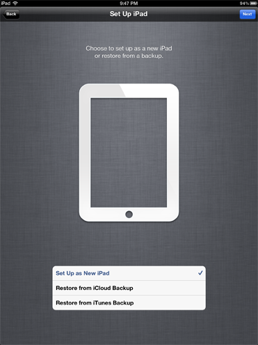 iPad setup screen
