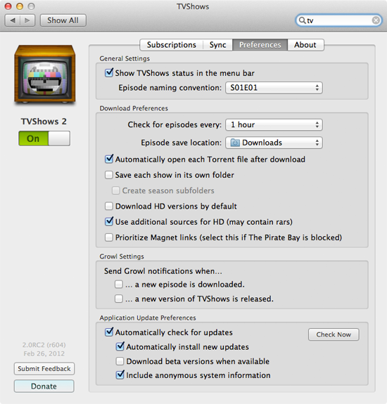 TVShows for Mac preferences
